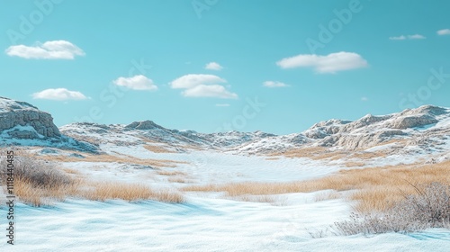 Snowy landscape with winter grass and hills under a blue sky.