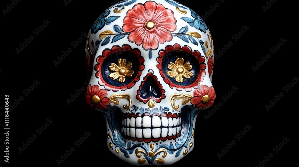 Intricately designed ceramic skull with floral patterns and vibrant colors Intricately designed ceramic skull with floral patterns and vibrant colors