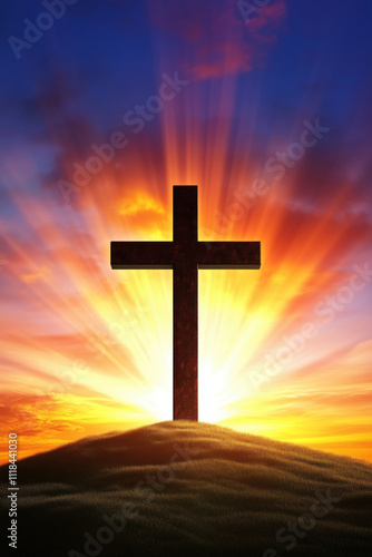 Cross on a hill with radiant sunset sky. A large cross is lit up by the sun, creating a beautiful and serene scene.