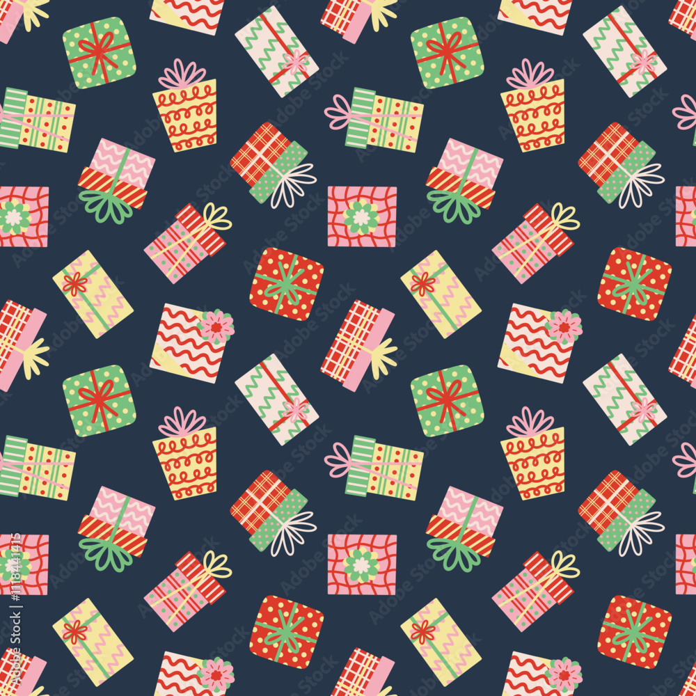 Decorative Christmas gift boxes on navy blue vector seamless pattern design. Decorative Christmas gift boxes on navy blue vector seamless pattern design.