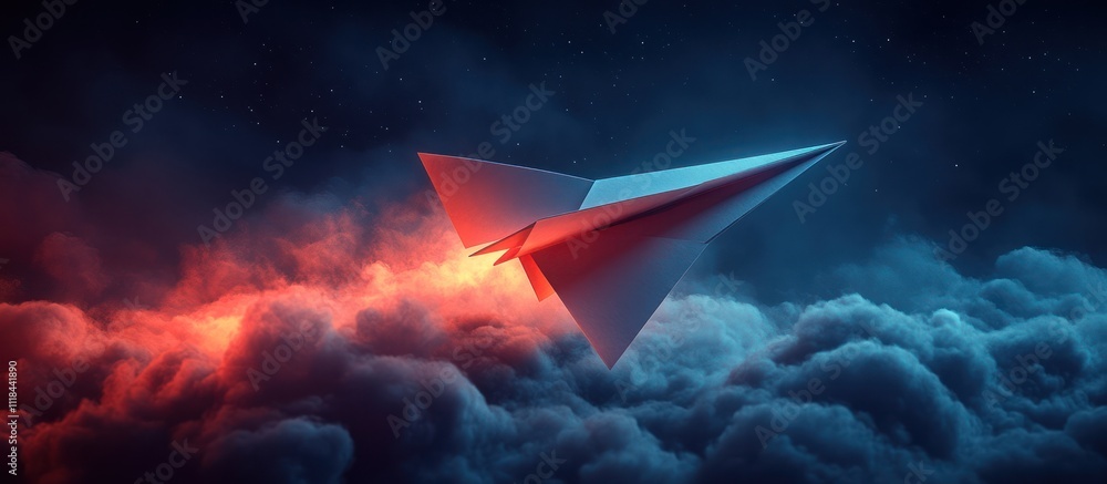 Paper airplane soaring through fiery, dark clouds at night. Paper airplane soaring through fiery, dark clouds at night.