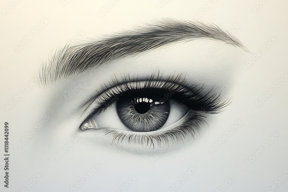 Intricate pencil drawing of eye with reflective details and soft patterns leaving room for versatile layouts