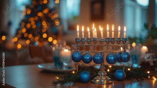 Menorah with blue ornaments on table, Christmas tree bokeh background. photo