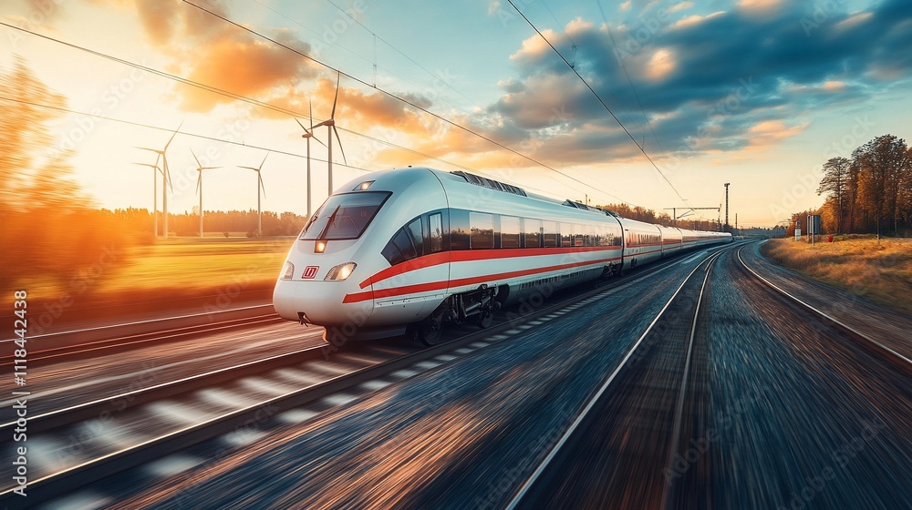 Naklejka premium High-speed train navigating a scenic countryside landscape.