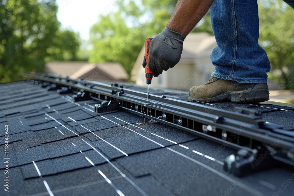 Close-up of worker installing solar panel mounting system on asphalt shingle roof. Close-up of worker installing solar panel mounting system on asphalt shingle roof.