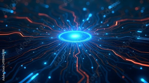 Advanced digital systems converge at a brilliant central hub, sending pulses of data through intricate technological networks. captures the concept of technology and connectivity in a modern world