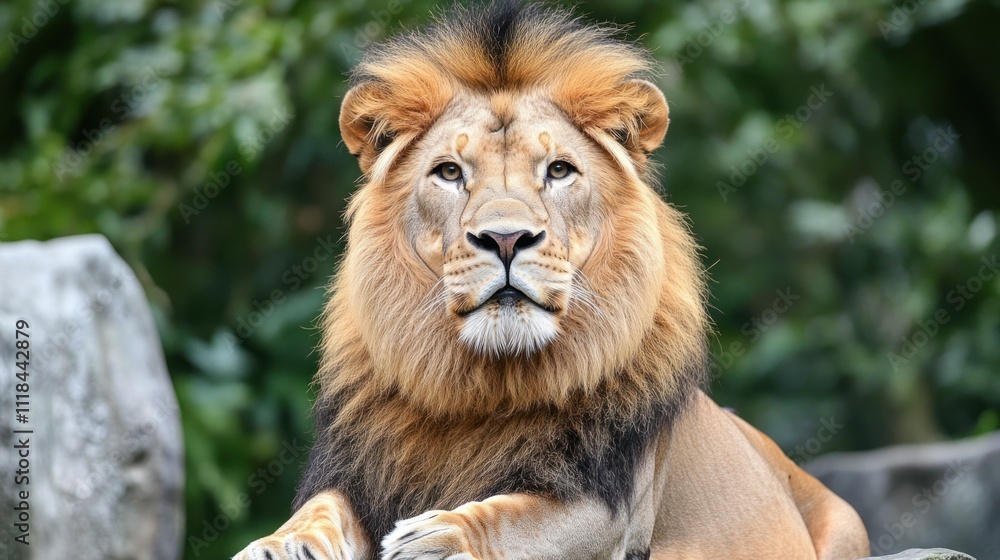 Fototapeta premium Majestic Male Lion Resting Among Rocks