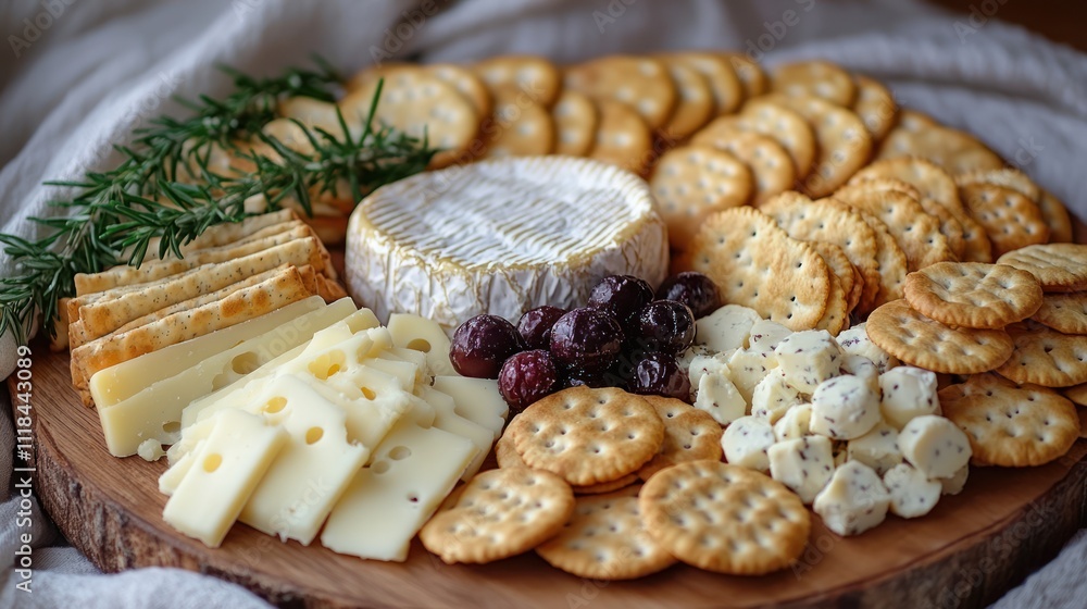 Round wooden board with cheese, crackers, and olives. Round wooden board with cheese, crackers, and olives.