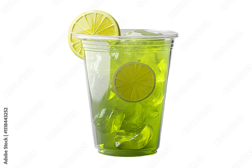 a plastic cup with a green liquid and lemon slices a plastic cup with a green liquid and lemon slices