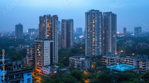 Twilight Cityscape High Rise Buildings and City Lights