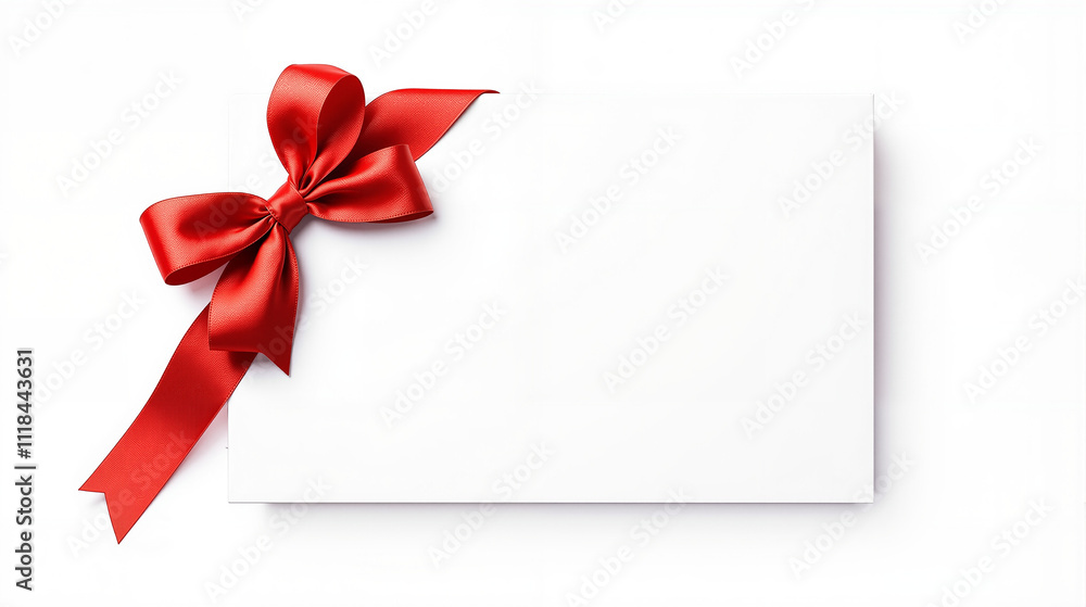 Elegant White Card with Glossy Finish, Red Satin Ribbon, and Festive Gradient Background for Personalization Elegant White Card with Glossy Finish, Red Satin Ribbon, and Festive Gradient Background for Personalization
