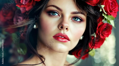 Wallpaper Mural A close-up portrait of a woman adorned with roses, showcasing beauty and elegance. Torontodigital.ca