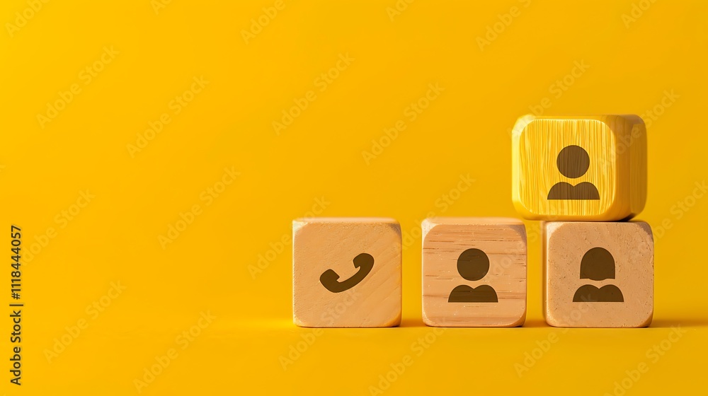 Contact us icons on wooden cubes: phone, email, website, and live chat, set against a yellow background. Contact us icons on wooden cubes: phone, email, website, and live chat, set against a yellow background.