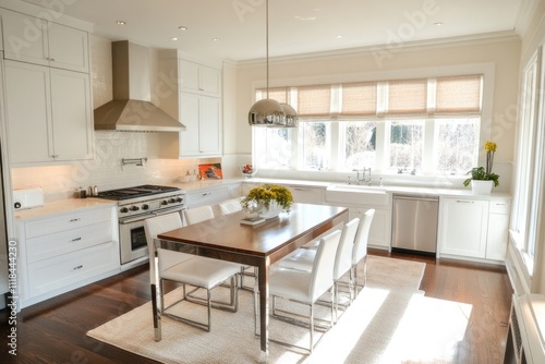 Bright kitchen featuring a sleek wooden table, white upholstered chairs, stainless steel appliances, and large windows allowing abundant natural light to fill the space.