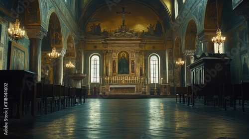 Ornate Church Interior Featuring Golden Altarpiece And Mosaic Art