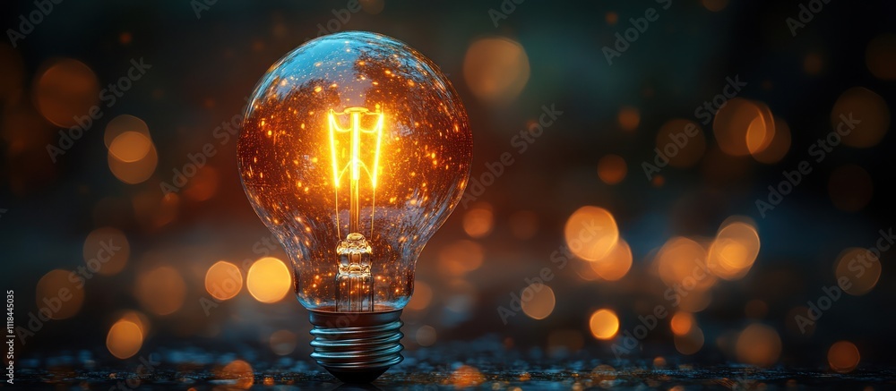 Glowing lightbulb on dark background with bokeh. Glowing lightbulb on dark background with bokeh.