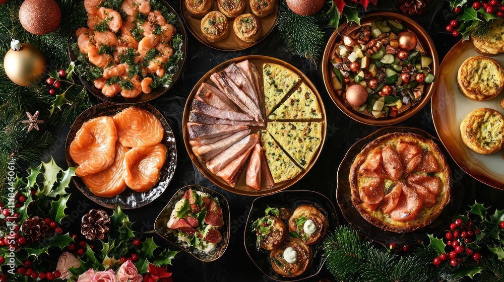 A festive Christmas brunch spread with a luxurious array of dishes like quiches and smoked salmon, styled with copper accents and surrounded by holiday-inspired floral arrangements. A festive Christmas brunch spread with a luxurious array of dishes like quiches and smoked salmon, styled with copper accents and surrounded by holiday-inspired floral arrangements.