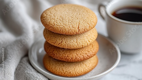 Stack of four shortbread cookies on a plate with coffee. photo