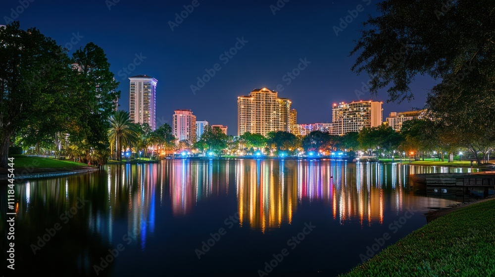 Fototapeta premium Nighttime Cityscape Reflecting in Calm Water
