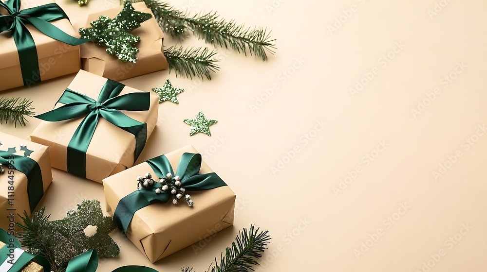 Elegant Christmas Gifts Green Ribbons Beige Background Festive Decor