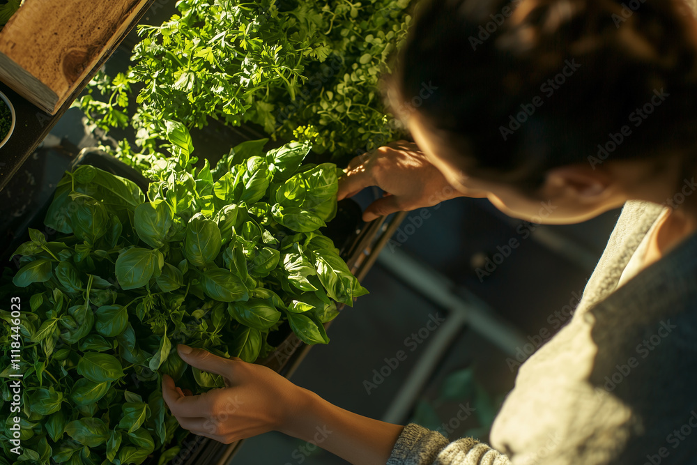 Obraz premium The person leans slightly to choose fresh herbs, with bunches of parsley and basil displayed under warm, realistic daylight from overhead.