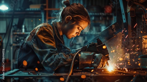 Skilled Female Welder in Action: Capturing Dedication and Craftsmanship in Industrial Workshop photo