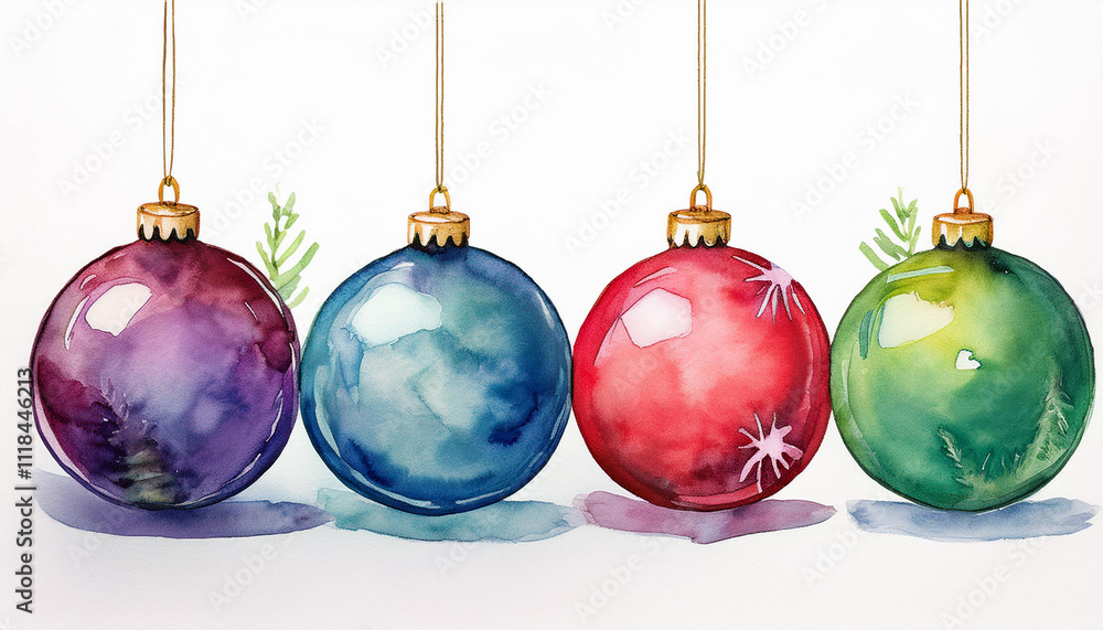 Watercolor painting of Christmas tree balls. Hand drawn art for poster, postcard. Isolated on white Watercolor painting of Christmas tree balls. Hand drawn art for poster, postcard. Isolated on white
