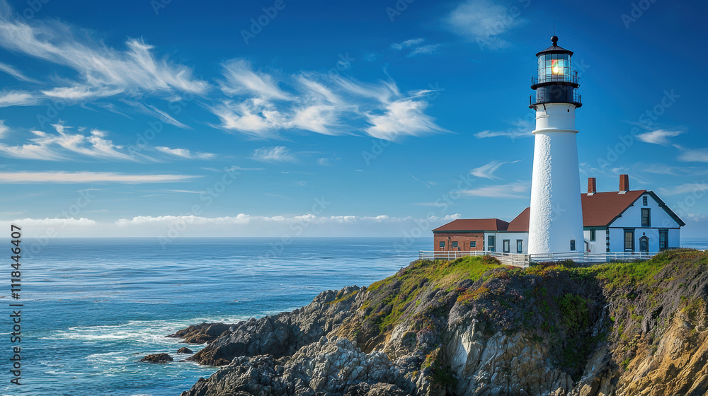 stunning lighthouse stands on rocky cliff overlooking ocean, surrounded by clear blue sky and wispy clouds, evoking sense of tranquility stunning lighthouse stands on rocky cliff overlooking ocean, surrounded by clear blue sky and wispy clouds, evoking sense of tranquility