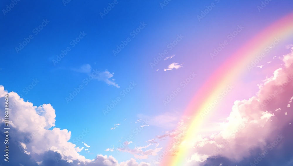 A vibrant rainbow arcs across a bright blue sky with fluffy clouds. A vibrant rainbow arcs across a bright blue sky with fluffy clouds.