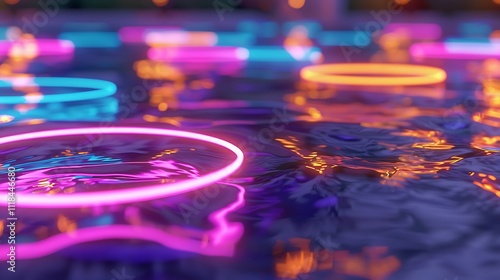 Neon glow rings floating in a pool of water, their light reflecting on the water's surface creating an enchanting effect