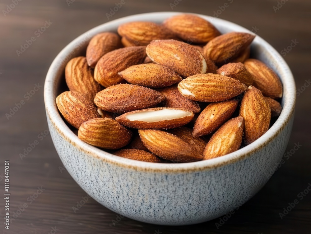 Almonds roasted with smoked paprika and sea salt, served in a ceramic bowl, bold flavors Almonds roasted with smoked paprika and sea salt, served in a ceramic bowl, bold flavors