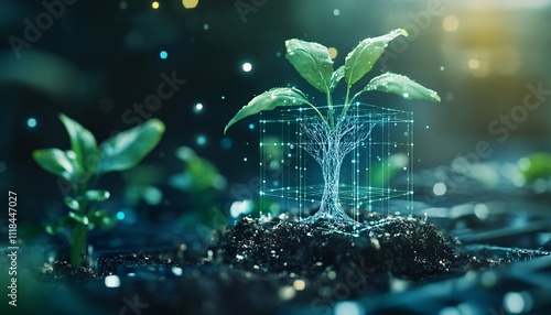 Futuristic hologram revealing the intricate internal structure of a tree, showcasing innovative insights in plant research.