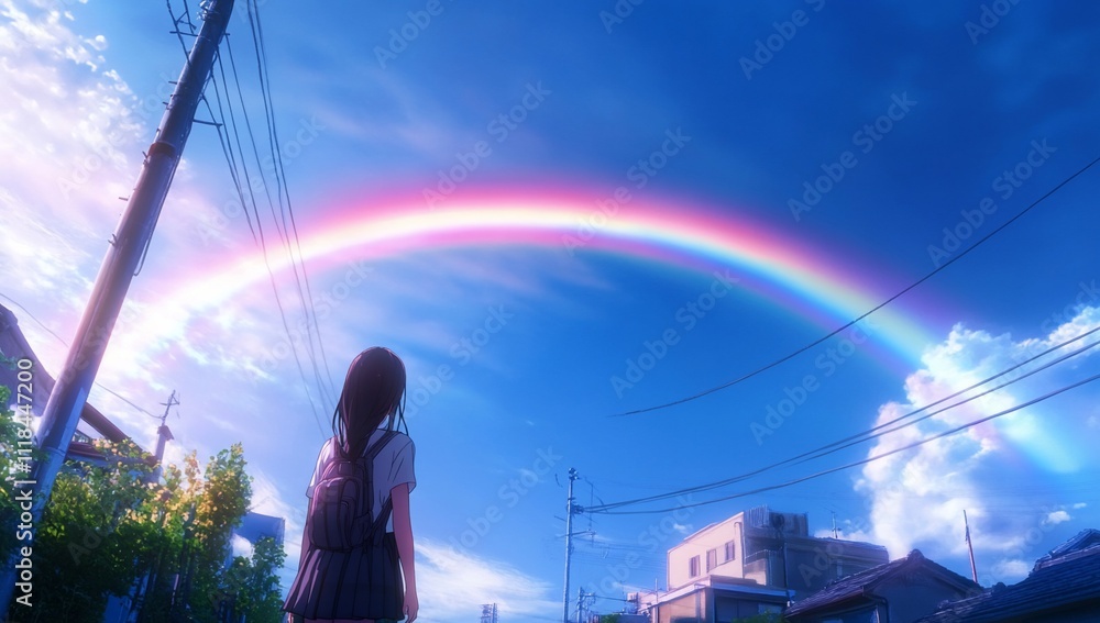 A girl gazes at a vibrant rainbow in a serene urban landscape. A girl gazes at a vibrant rainbow in a serene urban landscape.