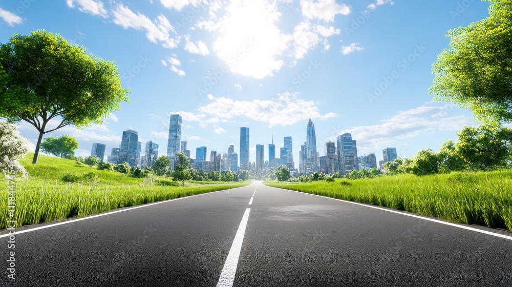 Contemporary skyline amidst vibrant green landscape. Contemporary skyline amidst vibrant green landscape.