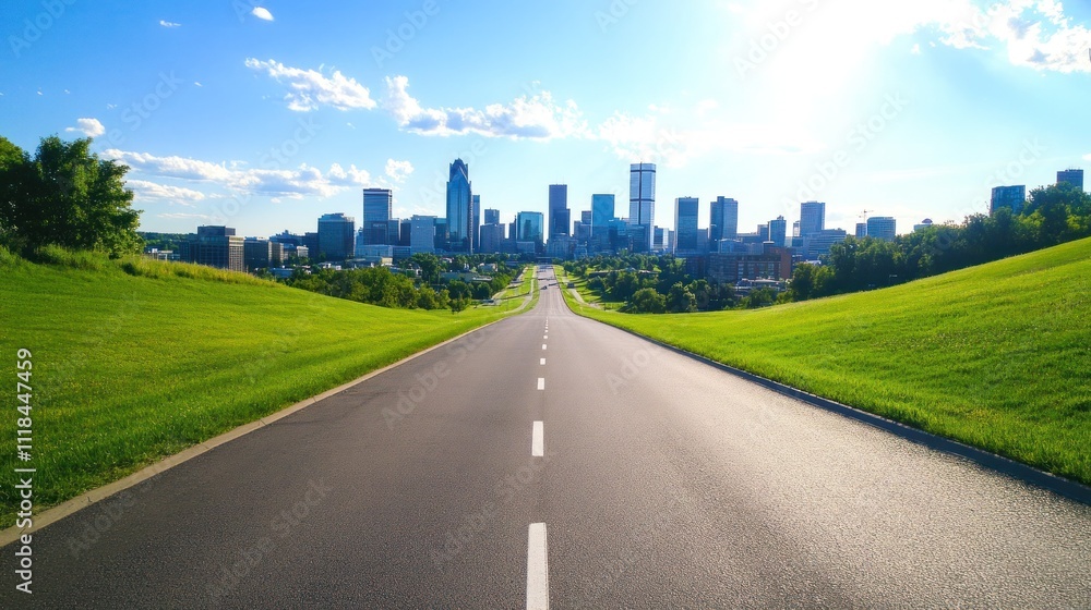 Open road leading into a distant city's tall skyline Open road leading into a distant city's tall skyline
