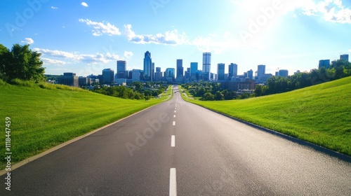 Open road leading into a distant city's tall skyline