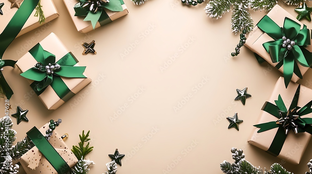 Elegant Christmas Gift Boxes Green Ribbons Festive Background Elegant Christmas Gift Boxes Green Ribbons Festive Background