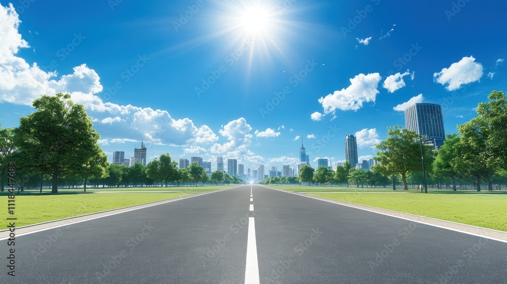 Bright urban skyline seen across vast empty roadway Bright urban skyline seen across vast empty roadway