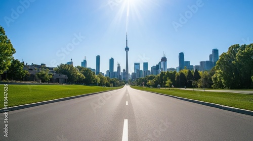 Vibrant urban skyline seen from a freshly paved road