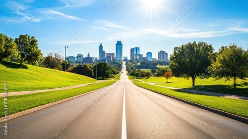Sunny skyline view with trees and open road ahead.