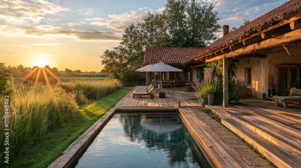 Rustic Farmhouse with Pool and Deck at Sunset Rustic Farmhouse with Pool and Deck at Sunset