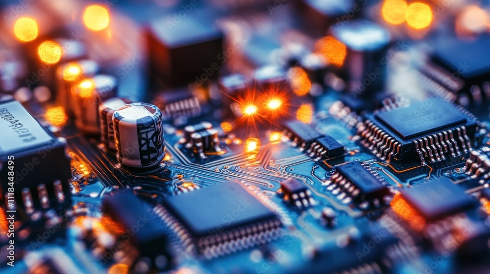 Close-up of illuminated circuit board with microchips and components. Close-up of illuminated circuit board with microchips and components.