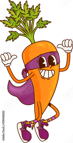 Groovy carrot vegetable superhero character flexing muscles. Isolated cartoon vector fresh veggie, healthy food retro personage with super power. Funny vitamin plant in purple cloak, mask and sneakers