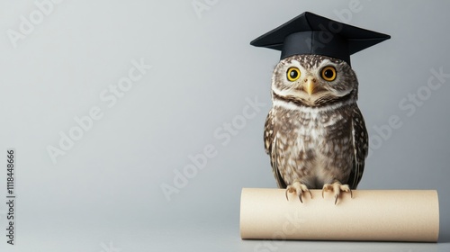 An adorable owl with a tiny graduation cap is perched on a scroll, showcasing its achievements in a modern studio environment. The playful scene highlights the owl's charm photo