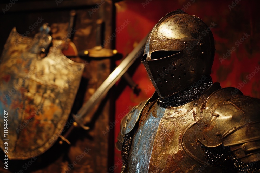 Medieval knight's armor, helmet, and shield. Medieval knight's armor, helmet, and shield.