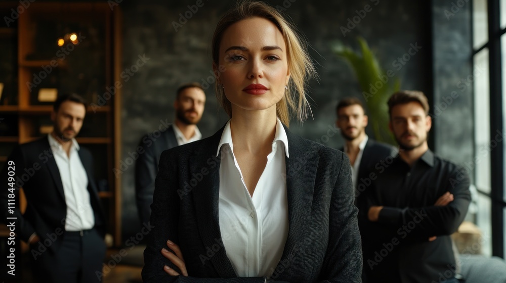 Confident businesswoman leading a team in a modern office setting. Confident businesswoman leading a team in a modern office setting.