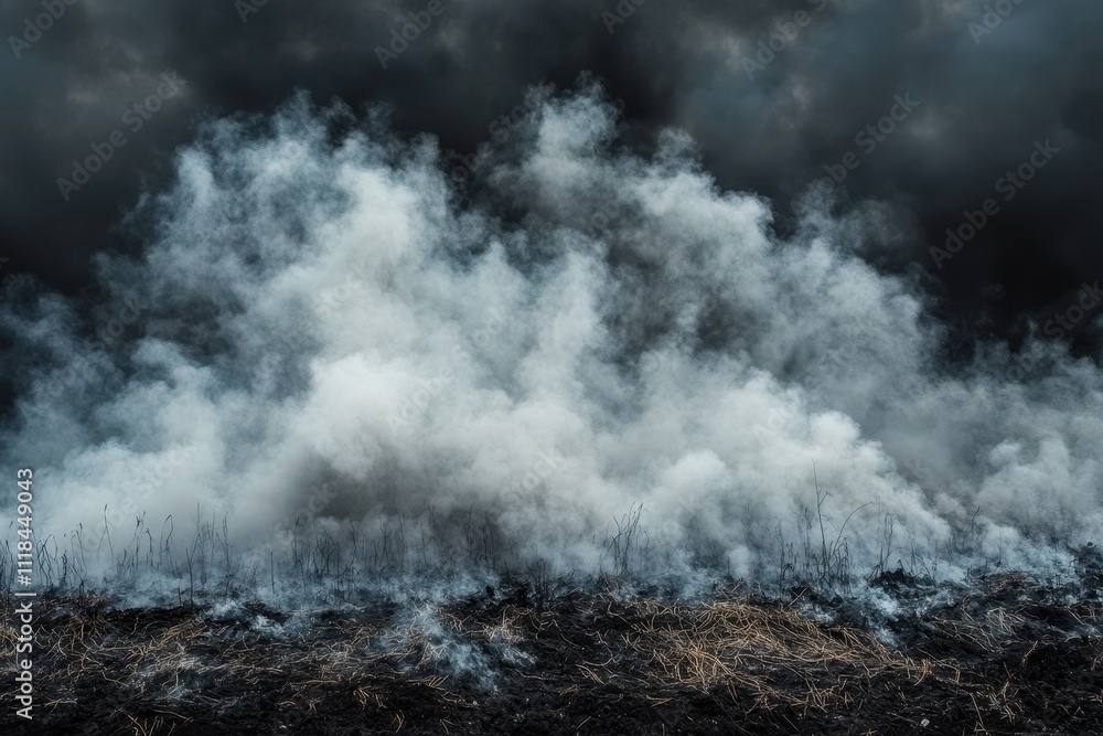 Smoke billows from charred earth under a dark, cloudy sky, depicting environmental impact. Smoke billows from charred earth under a dark, cloudy sky, depicting environmental impact.