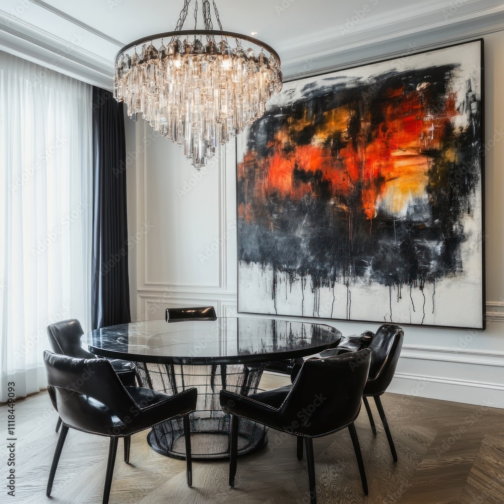 Obraz premium Elegant dining room with large abstract painting, crystal chandelier, and black leather chairs.