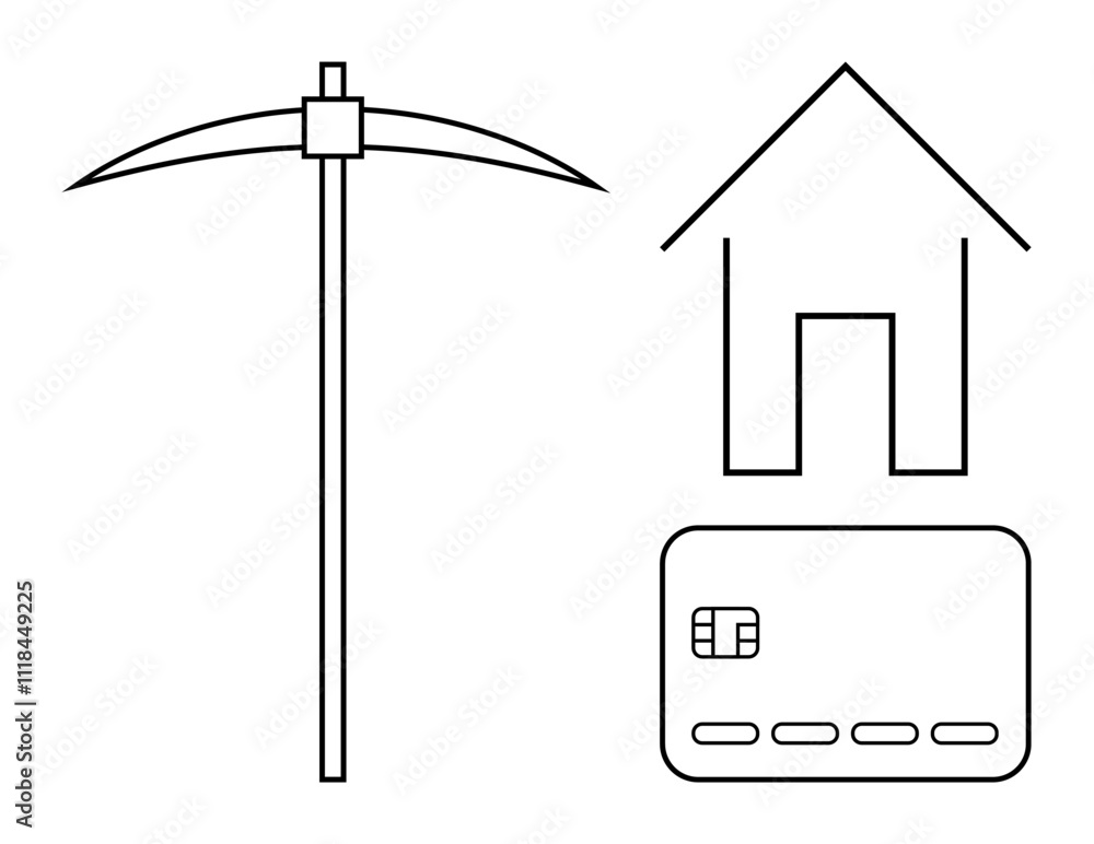 Fototapeta premium Bold line drawings of a pickaxe, house, and credit card arranged distinctly. Ideal for presentations on mining, financial planning, real estate, construction, homeownership, housing finance