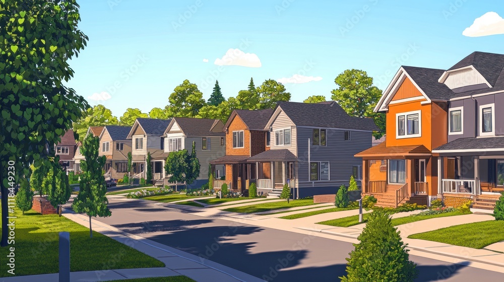 Suburban Dream: A picturesque row of charming houses on a sunny street, embodying tranquility and community spirit. Suburban Dream: A picturesque row of charming houses on a sunny street, embodying tranquility and community spirit.
